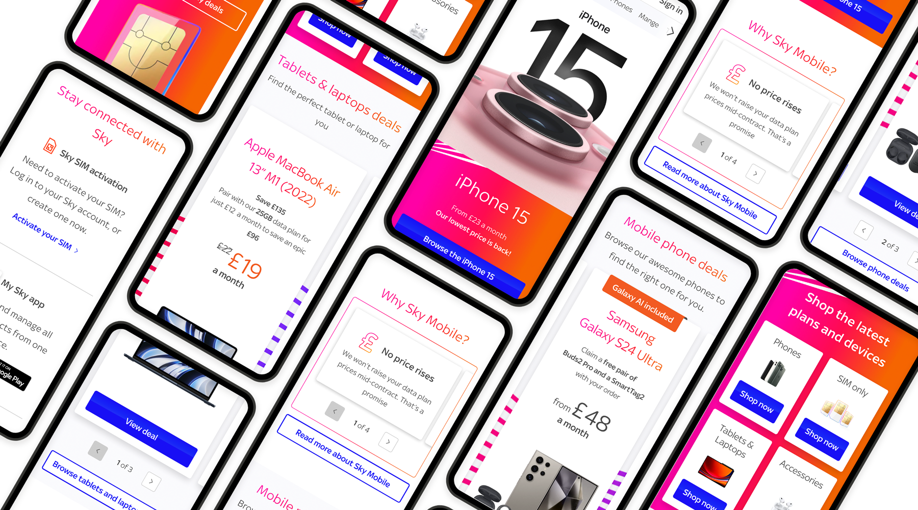 Sky Mobile's homepage overview placed in a series of mobile phones