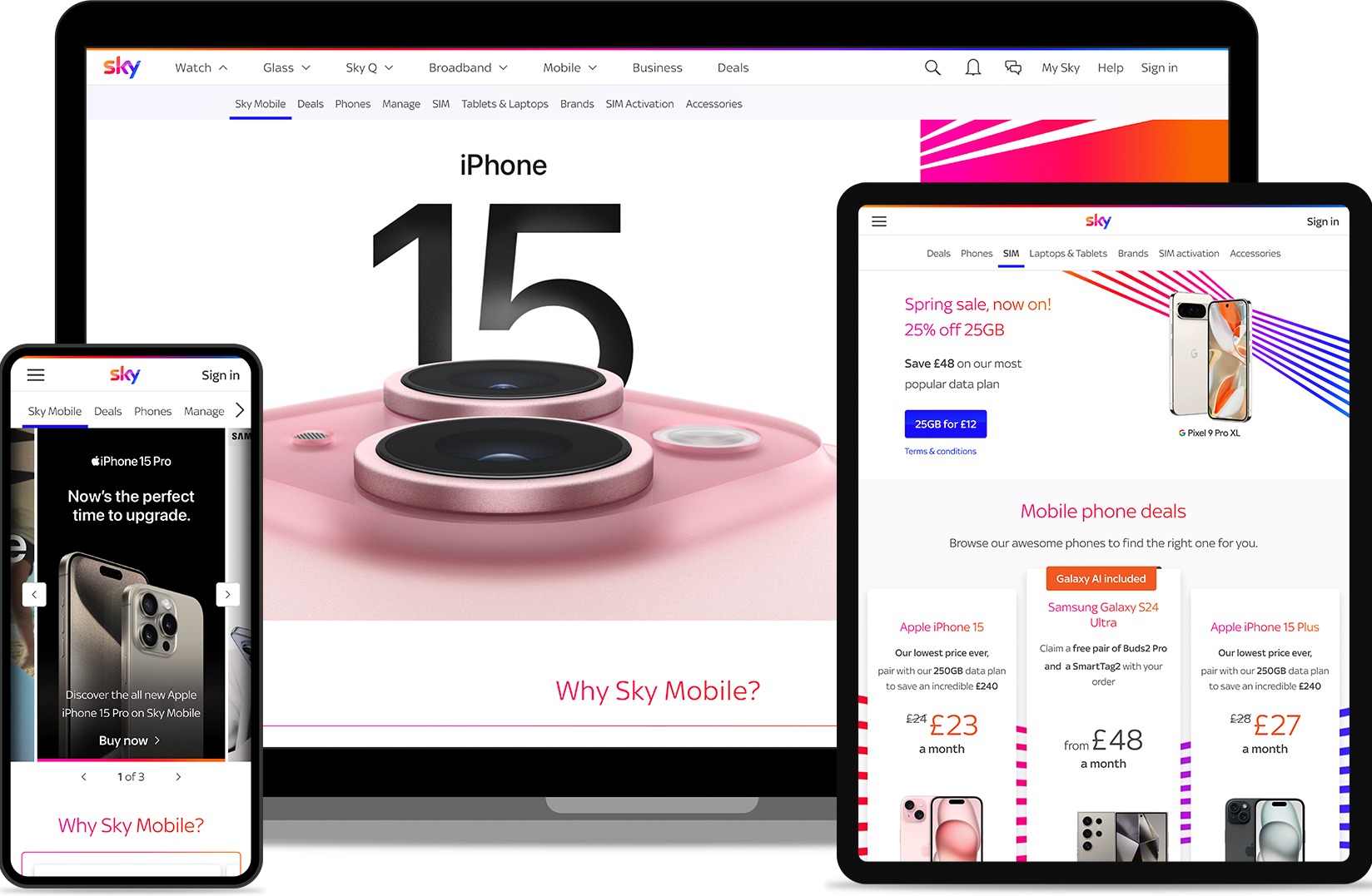 Mobile, desktop and tablet view of Sky Mobile's homepage