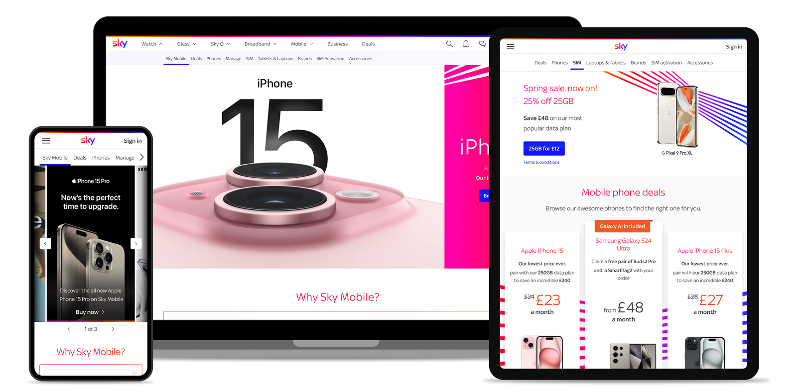 Mobile, desktop and tablet view of Sky Mobile's homepage